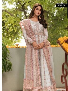 Qalamkar Pakistani Embellished Pink & White Formal Women's Dress
